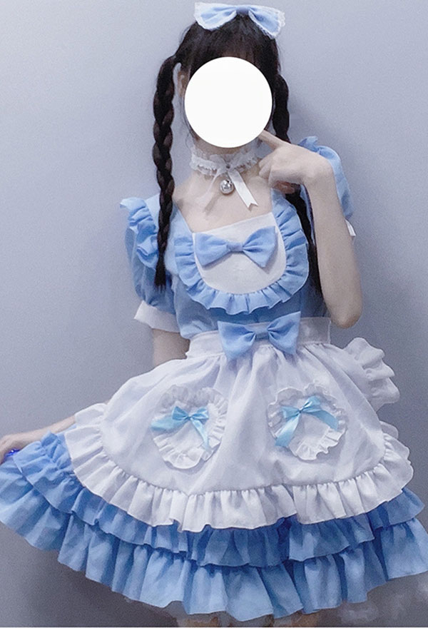 かわいい メイド服 バブル フリル リボン 制服 ロリータ ドレス コスプレ衣装