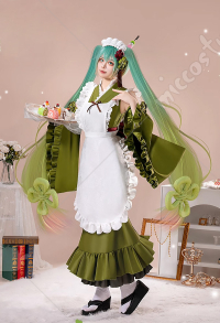 初音ミク 喫茶店 メイド服 抹茶色 コスプレ 衣装